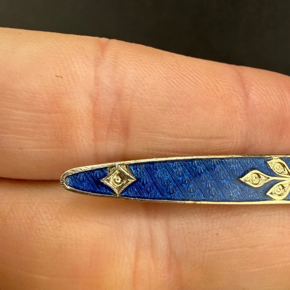 Vintage Guilloche Enamel Bar Brooch Gold Tone Blue
